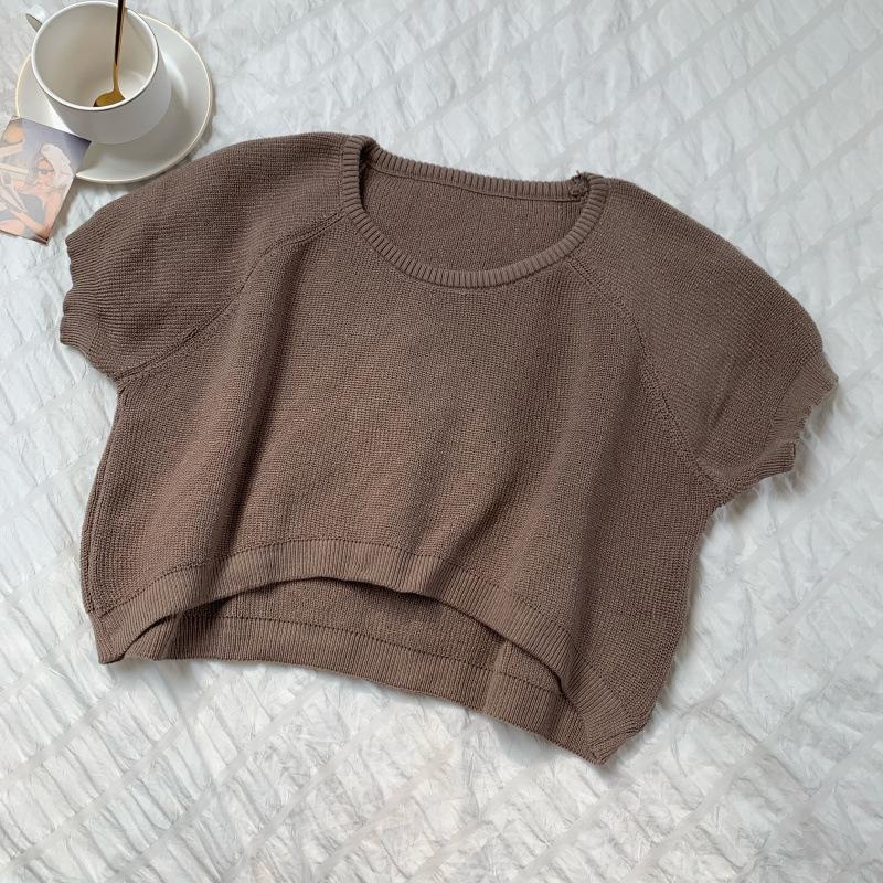 Lockeres Rundhals Kurzteil Nabel Strickshirt Damen Sommer Slim Dünnes Teil Kurzarm T-Shirt Tops Lässig Essentiell Slim Fit Pullover T-Shirts
