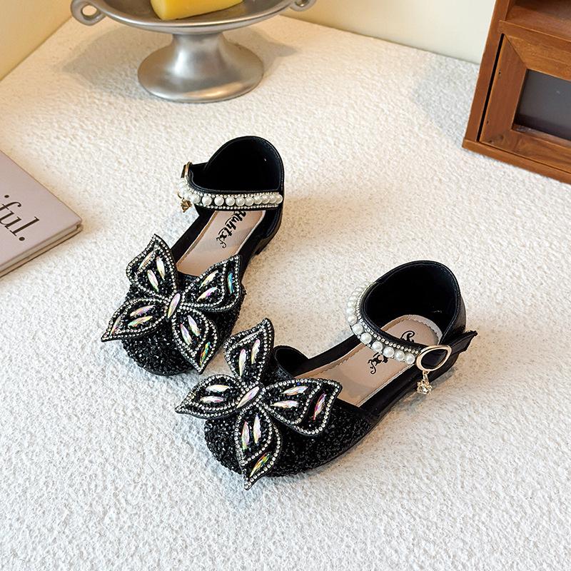 2026 New Rhinestone Bow Princess Leather Sandals for Girls