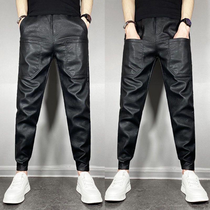 Winter Men's Plus Velvet Thick Motorcycle PU Leather Pants - Black Warrior Windproof Waterproof Warm Trousers.