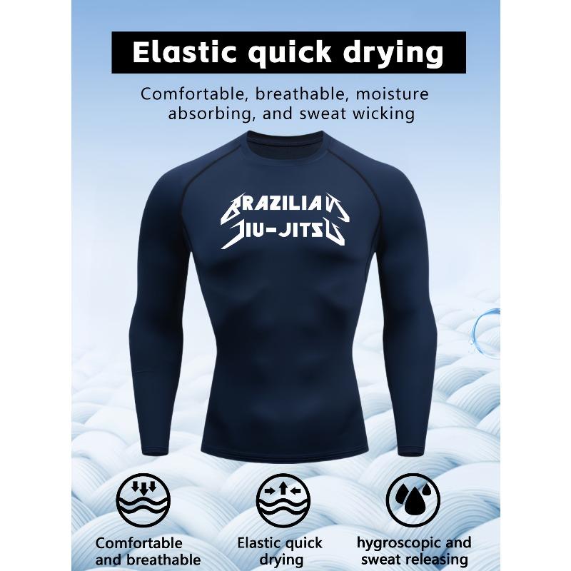 Men's Black Long Sleeve Brazilian Jiu-Jitsu Print Compression Rash Guard, Elastic Quick Drying Breathable Moisture Wicking BJJ & MMA Training Top
