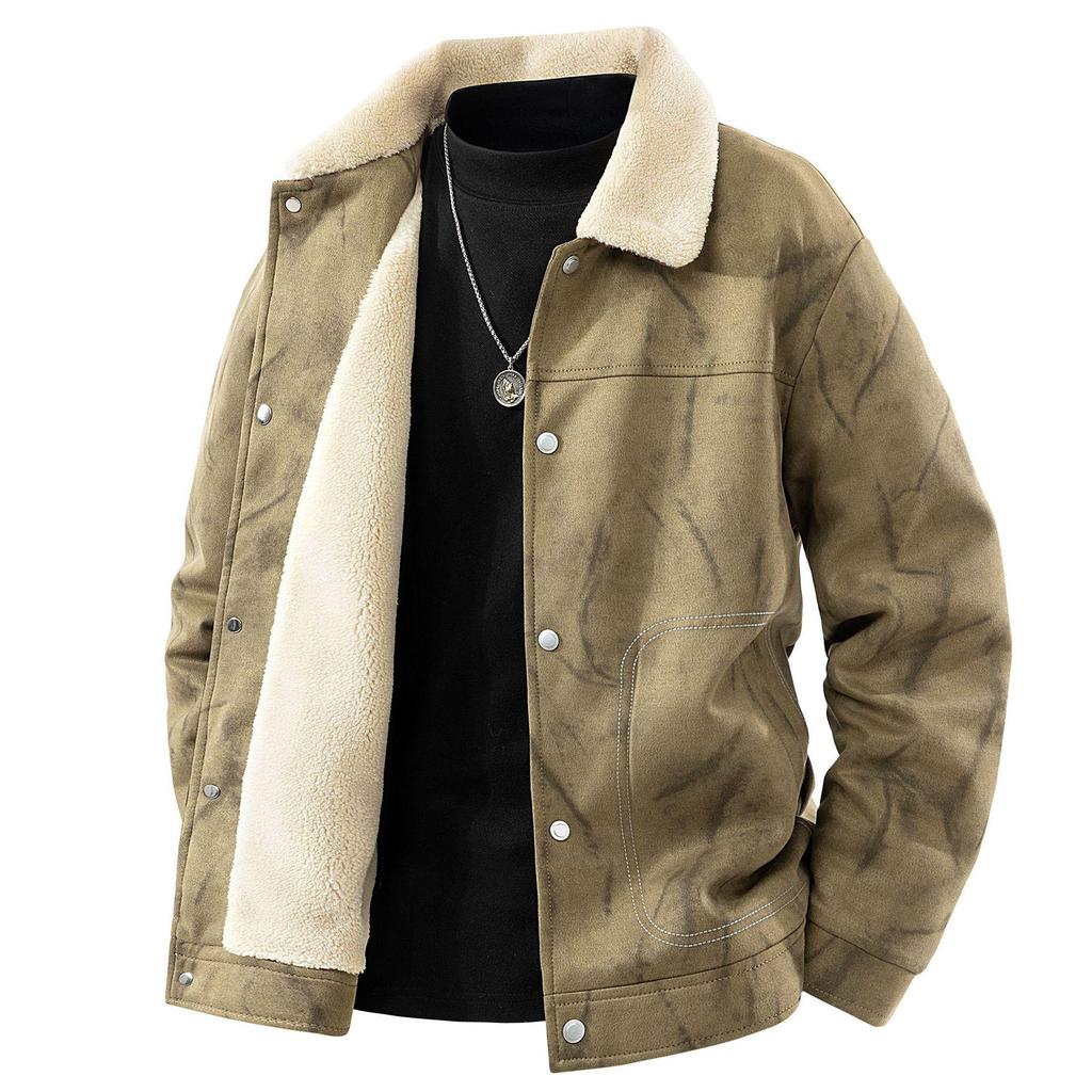 Men's Plush Fleece-Lined Suede Lapel Jacket: Business Casual, Versatile, Loose-Fit, Fashionable, Comfortable.