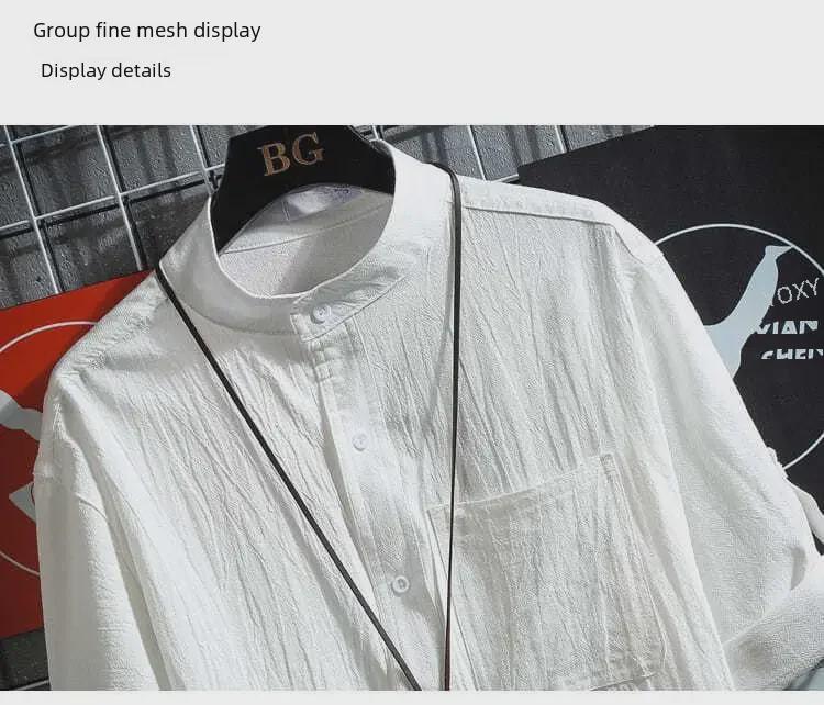 Übergröße Herren Hemd im japanischen Stil mit Stehkragen und kurzen Ärmeln, einfarbig