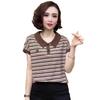 Sommer Besticktes Gestreiftes Peter Pan Kragen T-Shirt für Frauen mittleren Alters und ältere Frauen - Kurzarm