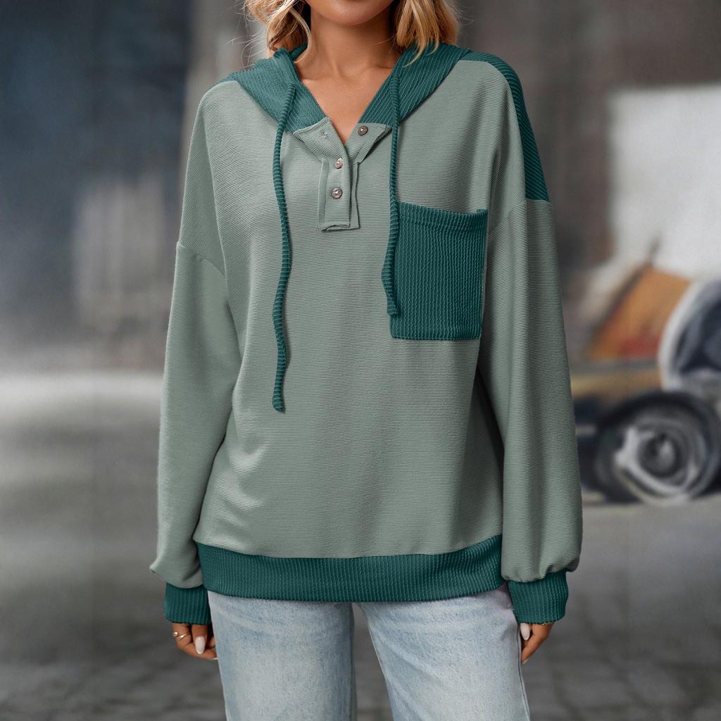 Women's Fashion Color Blocked Long Sleeved Button Hoodie Top