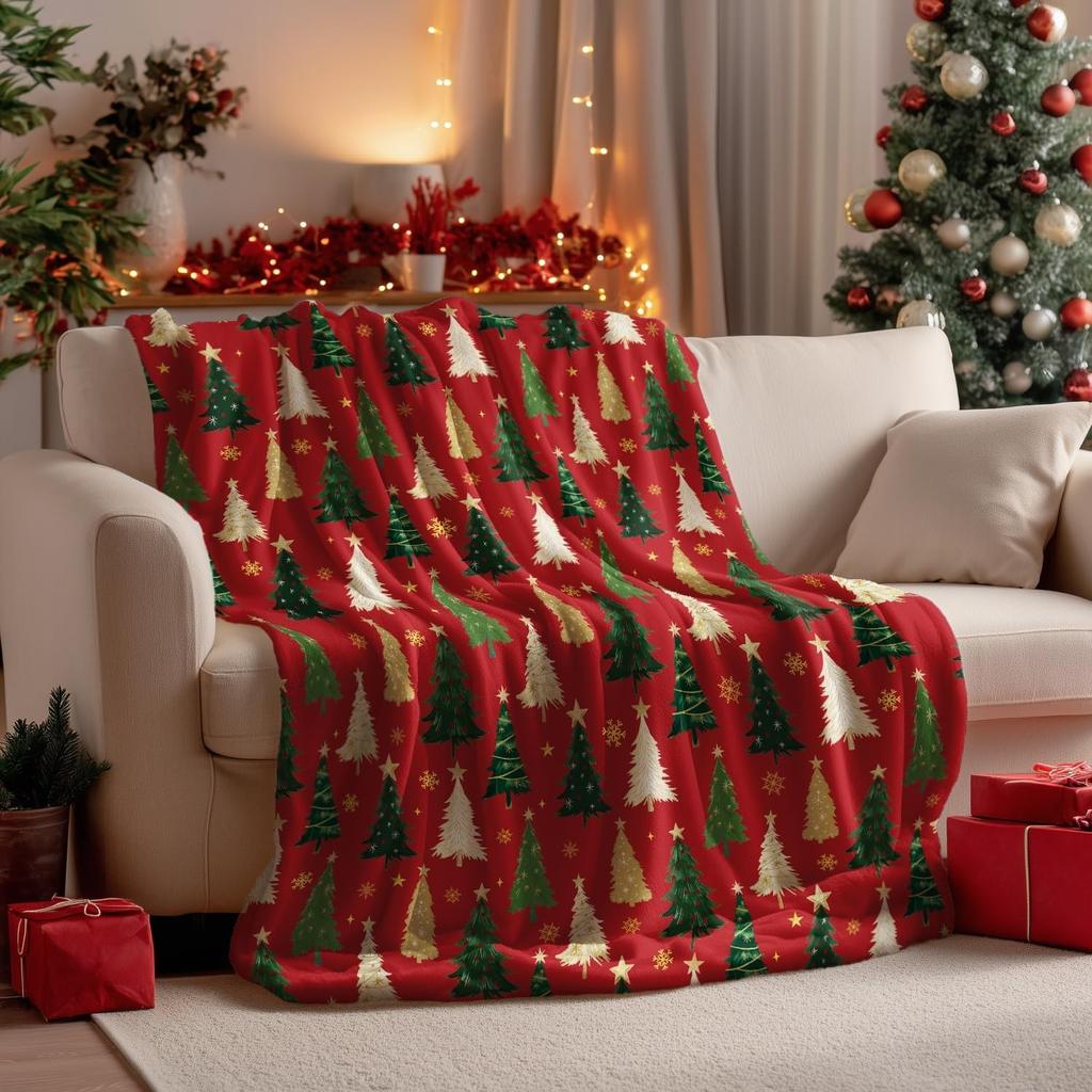 Christmas Flannel Blanket Throw Christmas Red Tree Plush Cozy Fleece Blankets for Couch Sofa Bed Ideal Gifts for Kids Adults