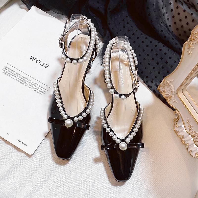 

Французский бант жемчужная сумка голова одинарная обувь женский каблук толстый каблук ретро туфли Мэри Джейн 2025 новые сандалии 39 чёрный