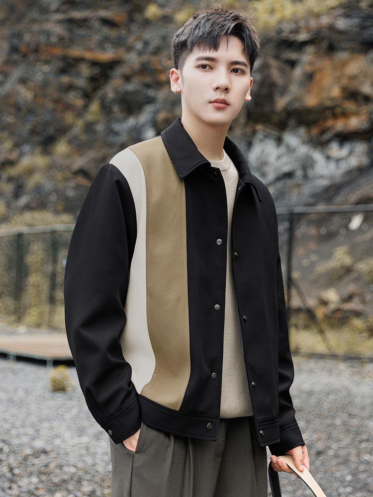 

Men s Luxury Color-Block Twill Patchwork Jacket - Spring/Autumn Casual Lapel Outerwear 3XL чорний