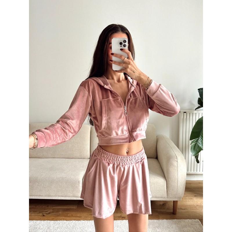 Womens Long Sleeve Zip-Up Hooded Lounge Set With Elastic Waist Shorts Comfortable Casual Two-Piece Outfit