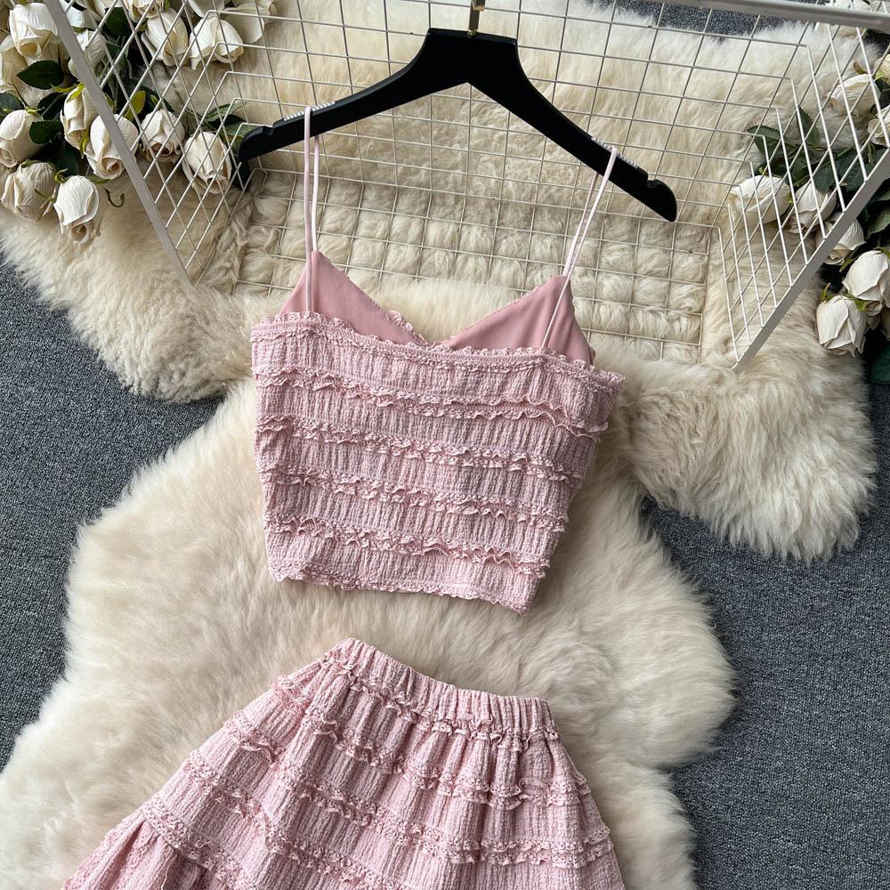 Korean Style Sweet Lace Skirt Two Piece Set Women Summer V-neck Tank Top A-line Long Skirts Beach Outfits