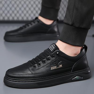 FashionDesigner Men Black Low-top Leather Sneakers Summer Breathable Flat Bottomed Wear-resistant Casual Shoes Lace-up Skate Shoes Men