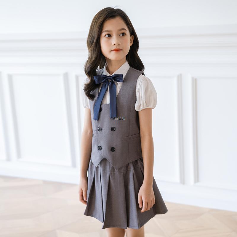 Boys Girls Summer Royal Blue Vest Shorts/Skirt Photograph Dress School Kids Uniforms Children's Day Performance Dance Costume