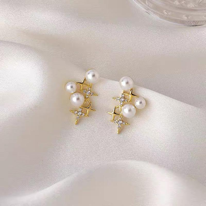 Korean Small Cute Star Rhinestone Pearl Stud Earrings for Women 2021 New Fashion Creative Jewelry