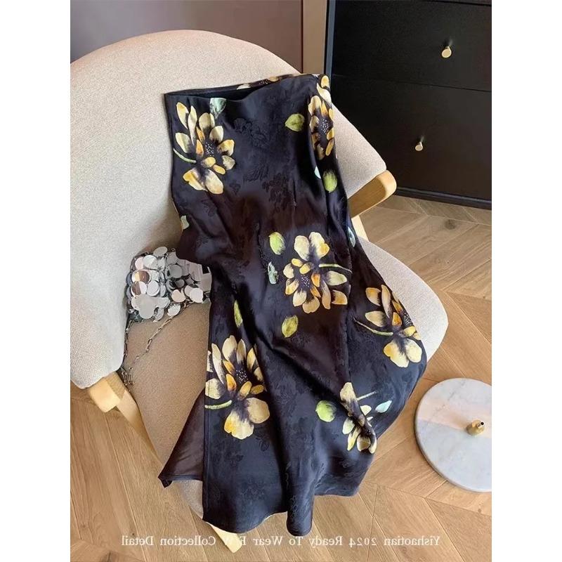 Women s Elegant Black Yellow Floral Satin Jacquard Midi Skirt S