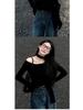 American Black One-Shoulder Ribbed Fleece Long-Sleeve Slim-Fit Women's T-Shirt - New Autumn Design