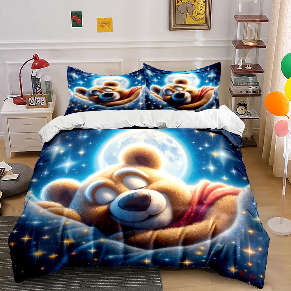 Dreamy Bear Under Moonlight Sky Bedding Set For Kids Luxury Gift 3Pcs Digital Print Comforter Set Soft Comfortable Breathable