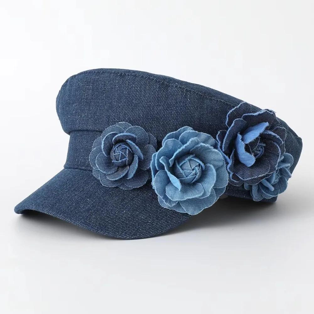 Fashion Beret Cap Sweet Cowboy Flat Top Navy Hat Cotton Big Flower Denim Octagonal Hats Sunshade Hat Student Hats