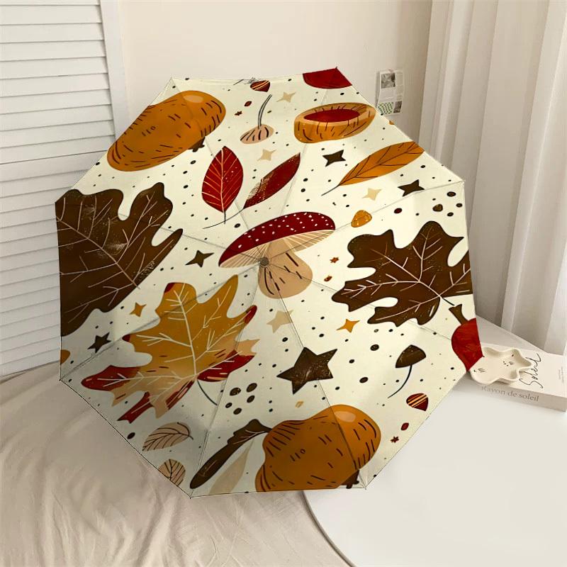 

1PC Autumn Leaves MushroomAutomatic Open/Close Umbrella with Windproof, 8-Rib Sturdy Canopy, Durable Ribs, Fashionable Design, Outdoor Accessory, Fun