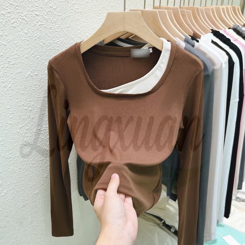 Stylish Korean Square Neck Faux Two-Piece Long-Sleeve Women's T-Shirt – Versatile Base Layer