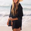 Women Shirt Lapel Buttons Placket Loose Fit Breathable Beach Cover-Up with Lace-Up Front Long Sleeve Sun Protection Shirt