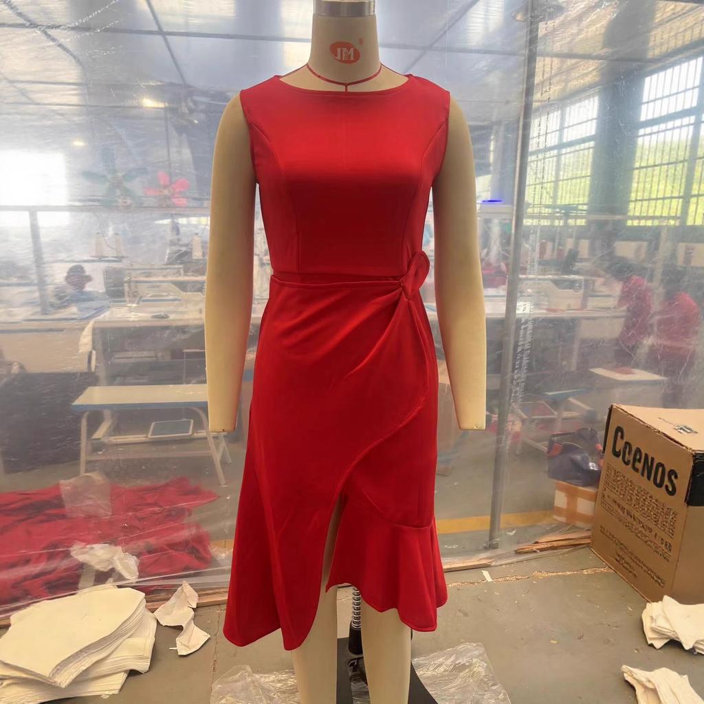 Damen Rundhals Ärmellos Einfarbig Rüschen Hohe Taille Elegant Party Midi Kleid