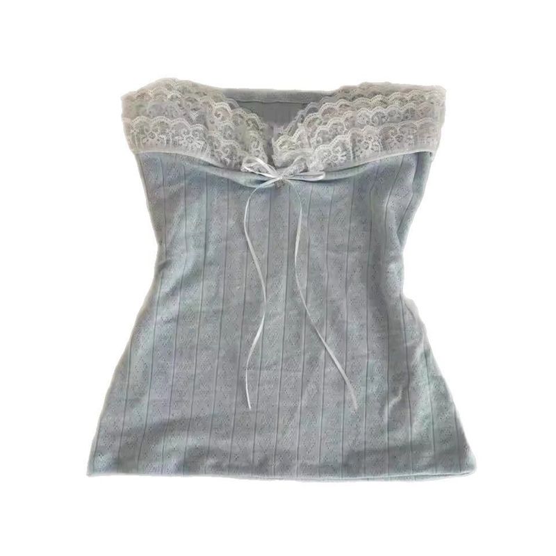 2025 Summer New Niche Design Sweet Style Lace Trim Sleeveless Tube Top for Women Blue S