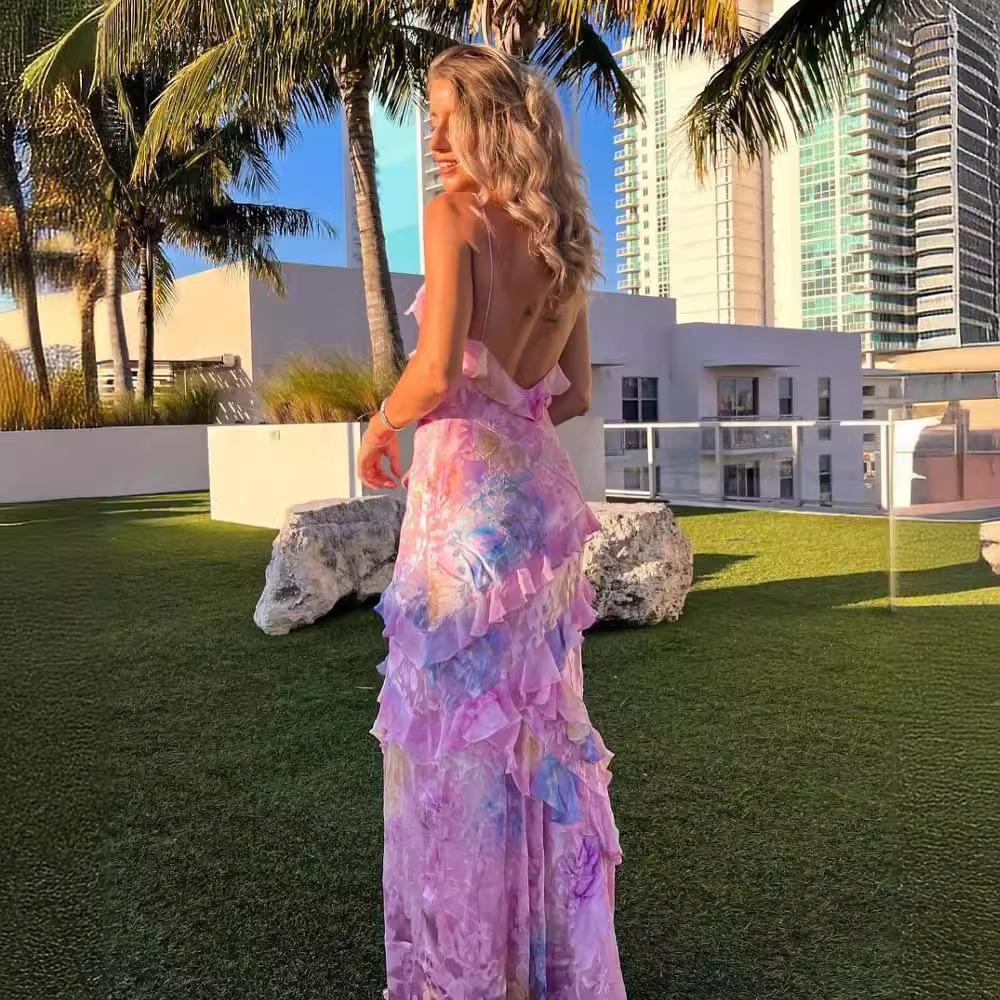 Elegant Women's V-Neck Ruffle Backless Long Dress - Sleeveless and Stylish