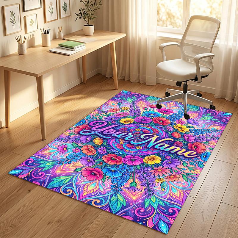 Floral Garden Theme Crystal Velvet Rug Personalized Custom Name Text Soft Floor Mat Home Decor