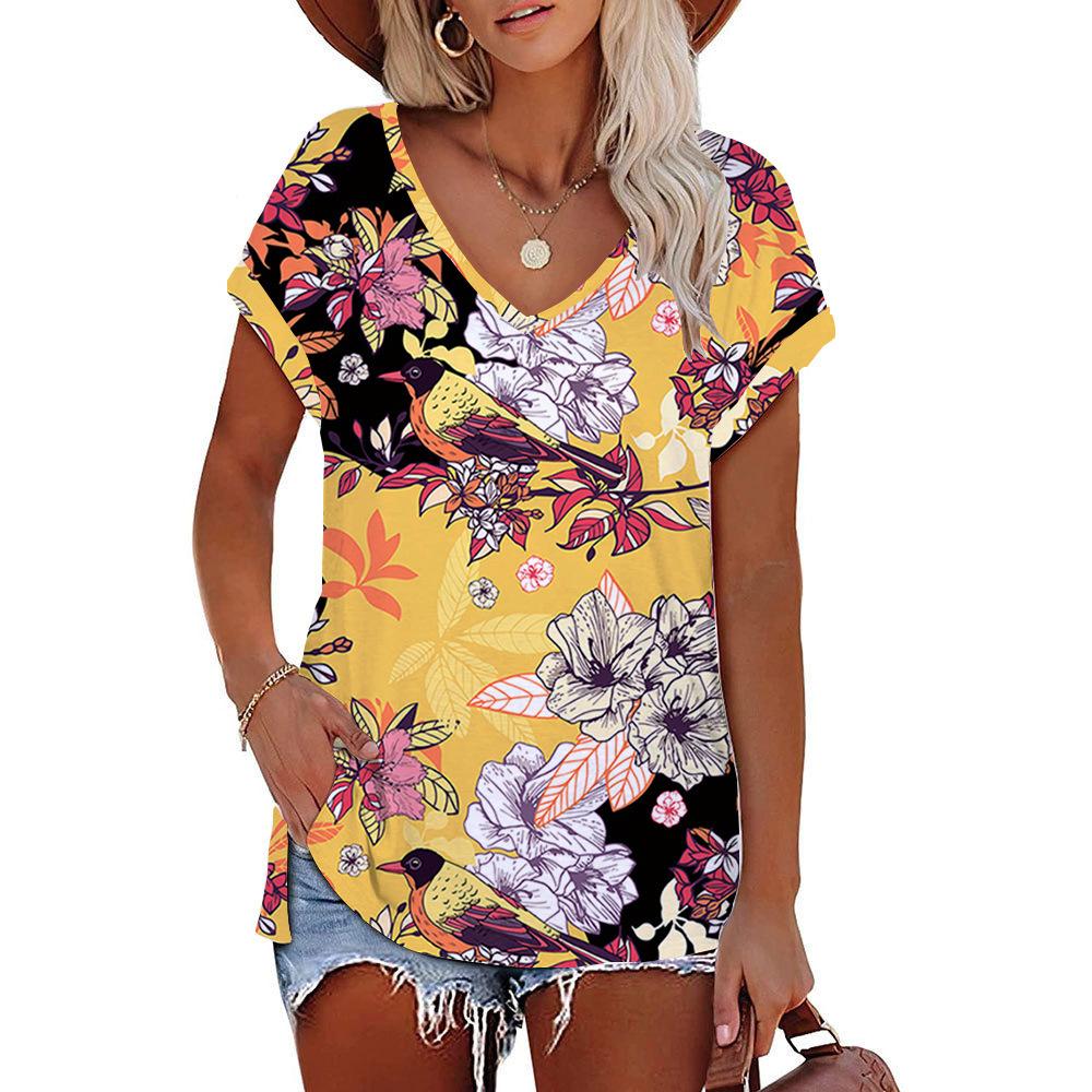 Women's T-shirt 3D Pattern Printed Casual Short Sleeved V-Neck Top Fashionable Street Women's Clothing