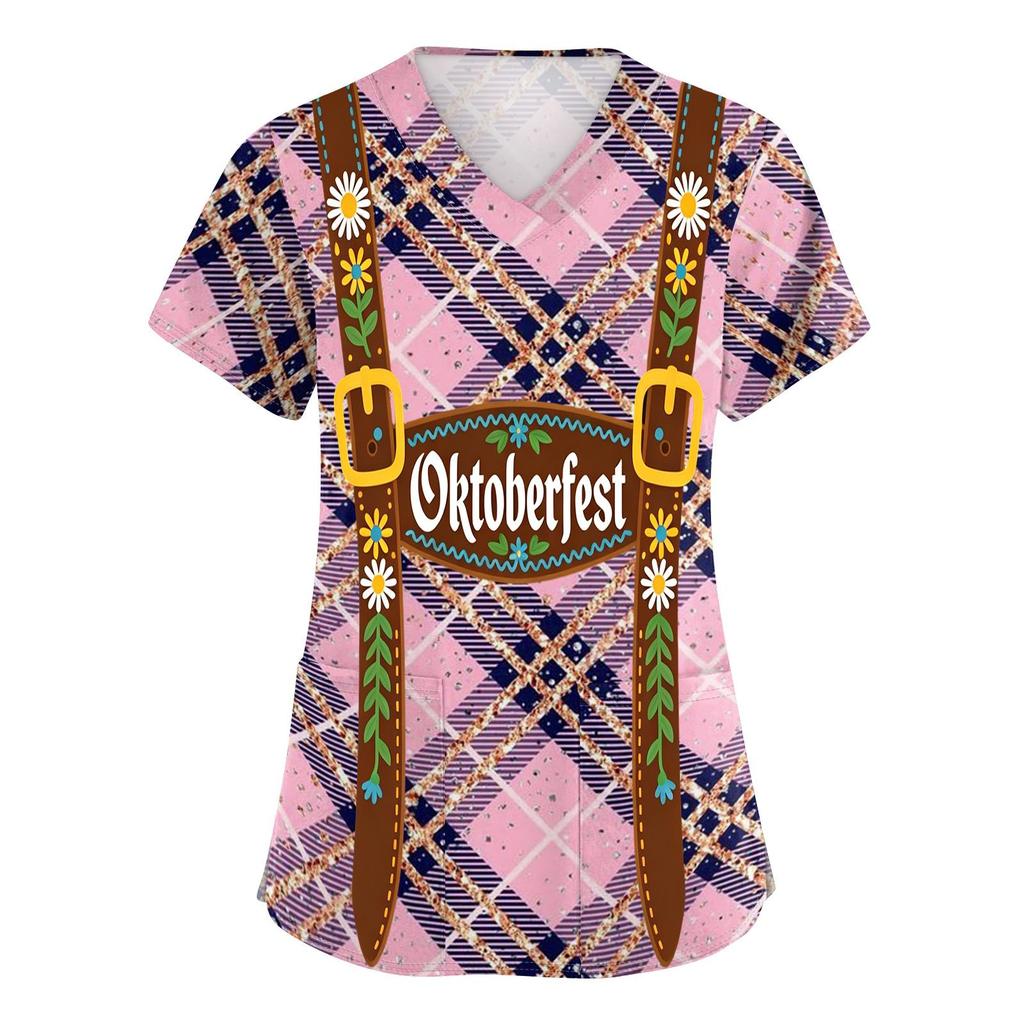 Damskjorta med V-ringning och korta ärmar, med fickor, Oktoberfest-tryck, medicinsk arbetsklädsel, bekväm passform, lätt tyg