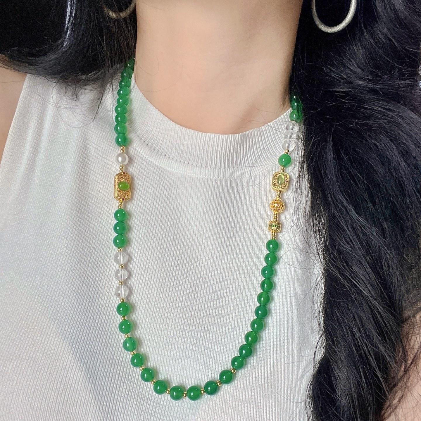 High Quality Natural Chalcedony White Crystal Artificial Pearl Design Necklace Sweater Chain