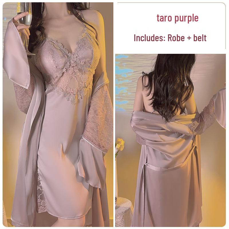 Satin Backless Lace Nightgown with Padded Deep V & Tie-Waist Robe Set