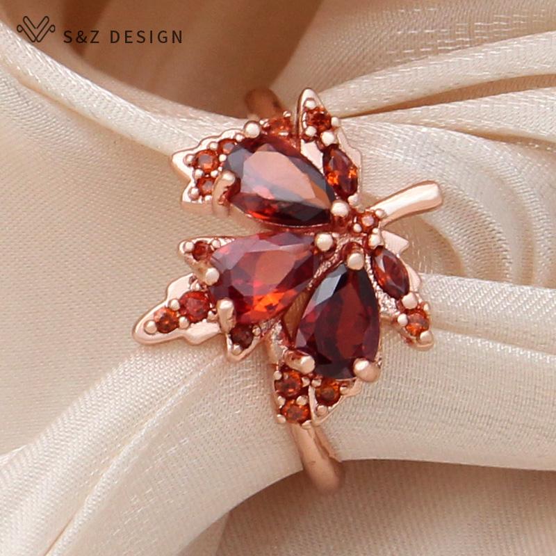 Fashion Cubic Zirconia Leaf Red Maple Adjustable Rings For Women Wedding Elegant Rose Gold Color Jewelry Gift