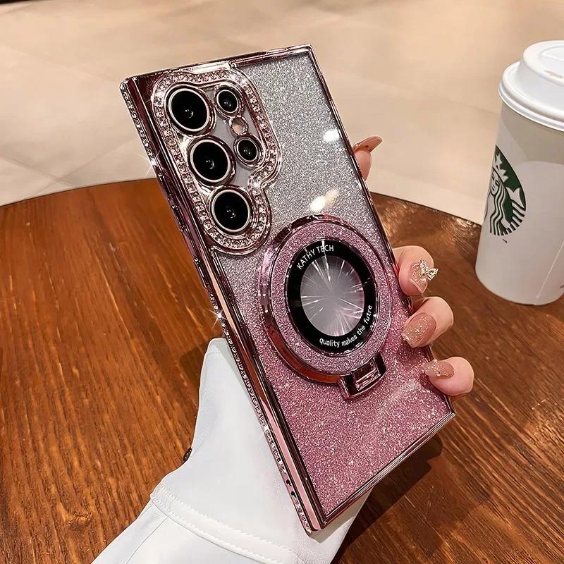 Magnetische Glitter Diamant Kleurverloop Hoesje Voor Samsung Galaxy S26 S25 S24 S23 Ultra Plus Voor Magsafe Standaard Bling Beugel Hoesjes Cover For Samsung S25