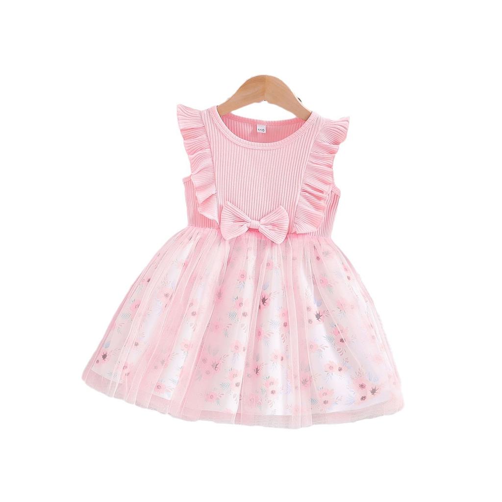 Sweet Girls Sleeveless Dress With Bowknot Tulle Skirt Cotton A Line Dress For Little Kids Children Party Wear