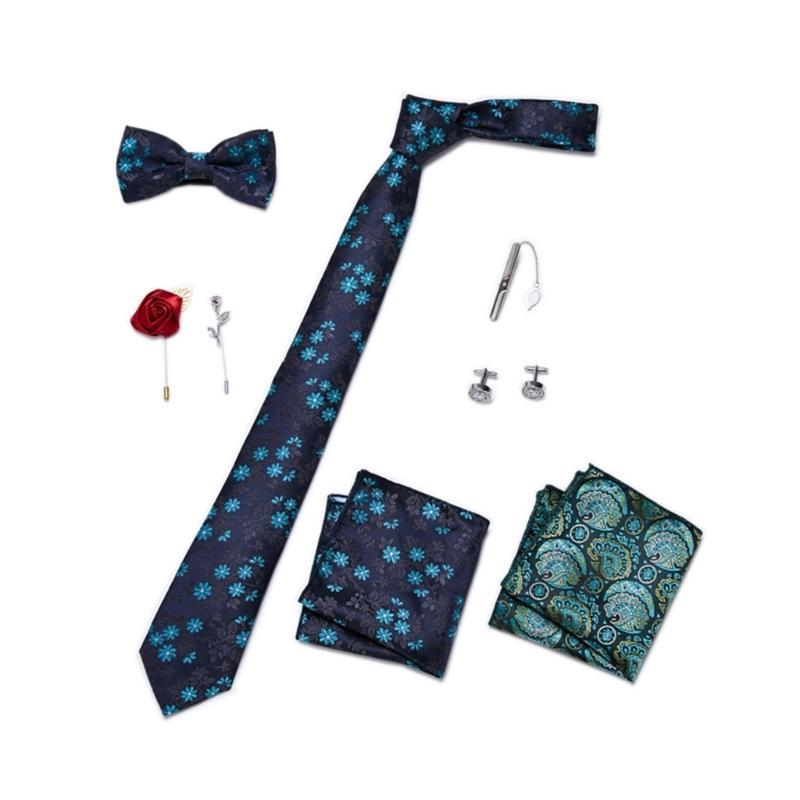Pack of 9 Men's Floral Tie Set with Pocket Square Tie Clip Brooch Accessories for Formal Occasion Holiday Gift Supply