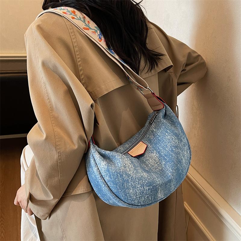 Denim Moon Bag with Colorful Strap Women's Crossbody Bag Fashionable Shoulder Bag Casual Daily Use Design