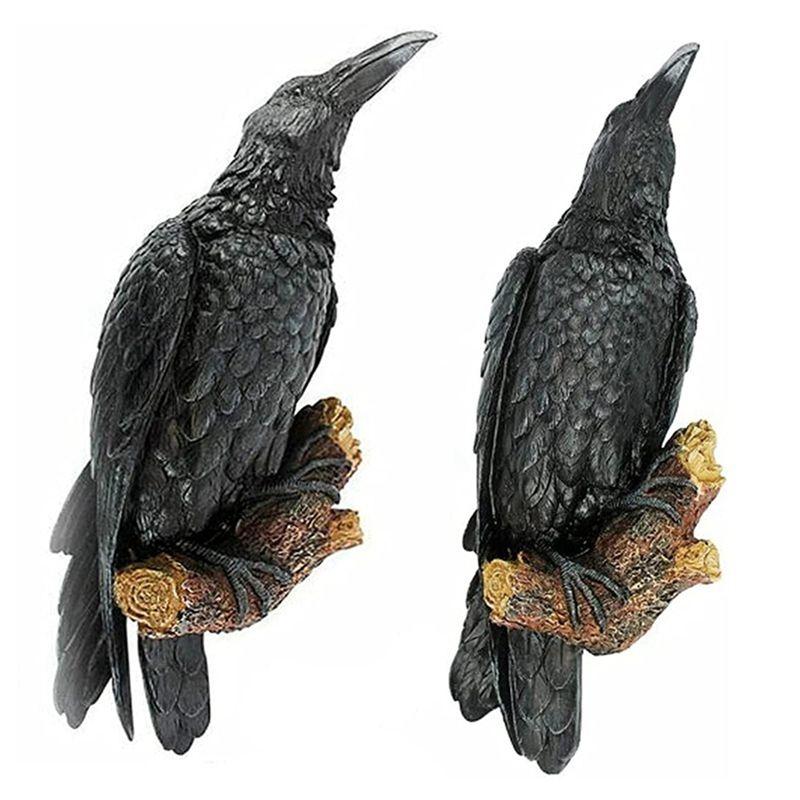 AEE4-2PCS Raven Resin Statue Bird Crow Sculpture Outdoor Crows Halloweens Decor For Garden Courtyard Animal Decoration