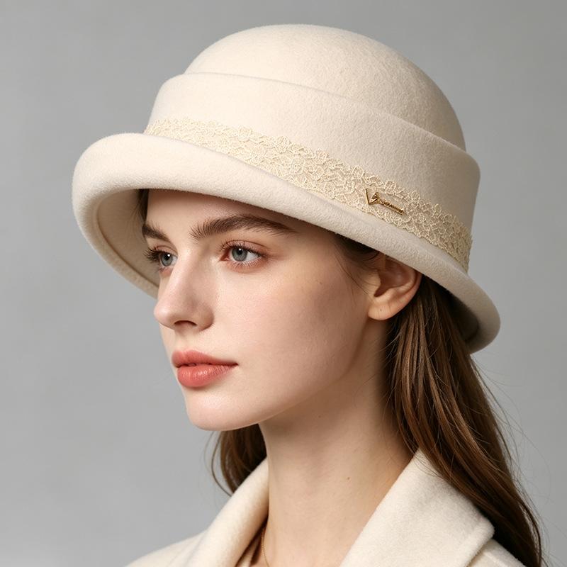 New autumn and winter lace wool basin hat women's French Hepburn style golden top hat bow bucket hat