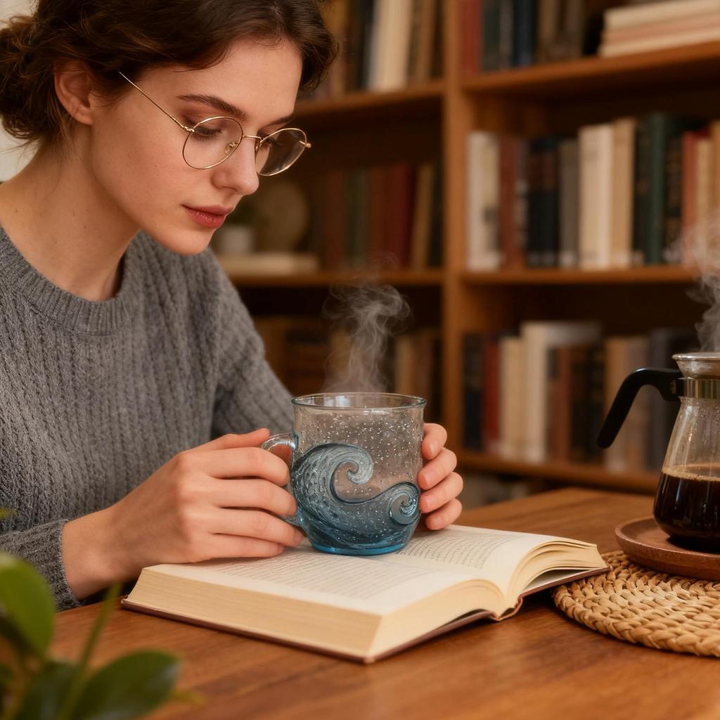 300ml Glass Mug Wave Design Water Bottle with Handle Clear Coffee Mug for Kids Beach House Office Women Men Adults Home