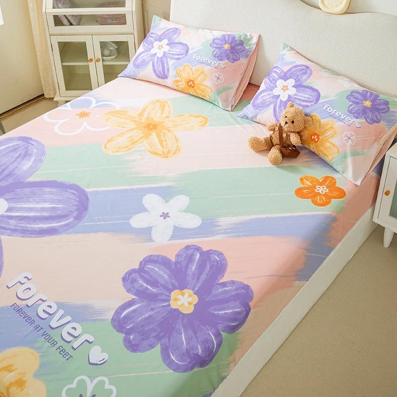 New Purple Flowers Fitted Sheet Set 100% Cotton Printed Fitted Sheet Pillowcases for Kids Boys Girls Bedroom Decor Bedding Set
