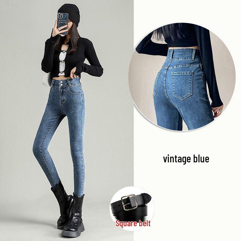 Women's Blue-Gray Fleece-Lined High-Waisted Slim-Fit Denim Pants - 2023 Autumn/Winter Style