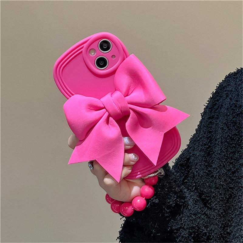 Ins Korea Cute 3d Pink Bowknot Wristband Bracelet Phone Case For Iphone 13 12 11 Pro Max Xr X Xs Plain Shockproof Soft Cover