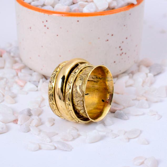 Stacked Brass Spinner Fidget Ring | Floral, Smooth, & Scalloped Bands | Unique Anxiety Relief Statement Jewelry