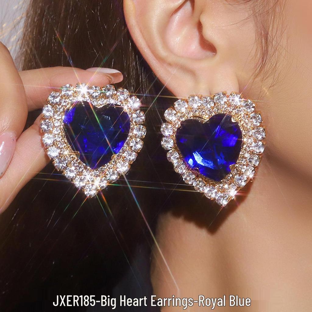 Exaggerated Geometric Heart Crystal Stud Earrings: Pink, Green, Black - Versatile Evening Ear Accessories