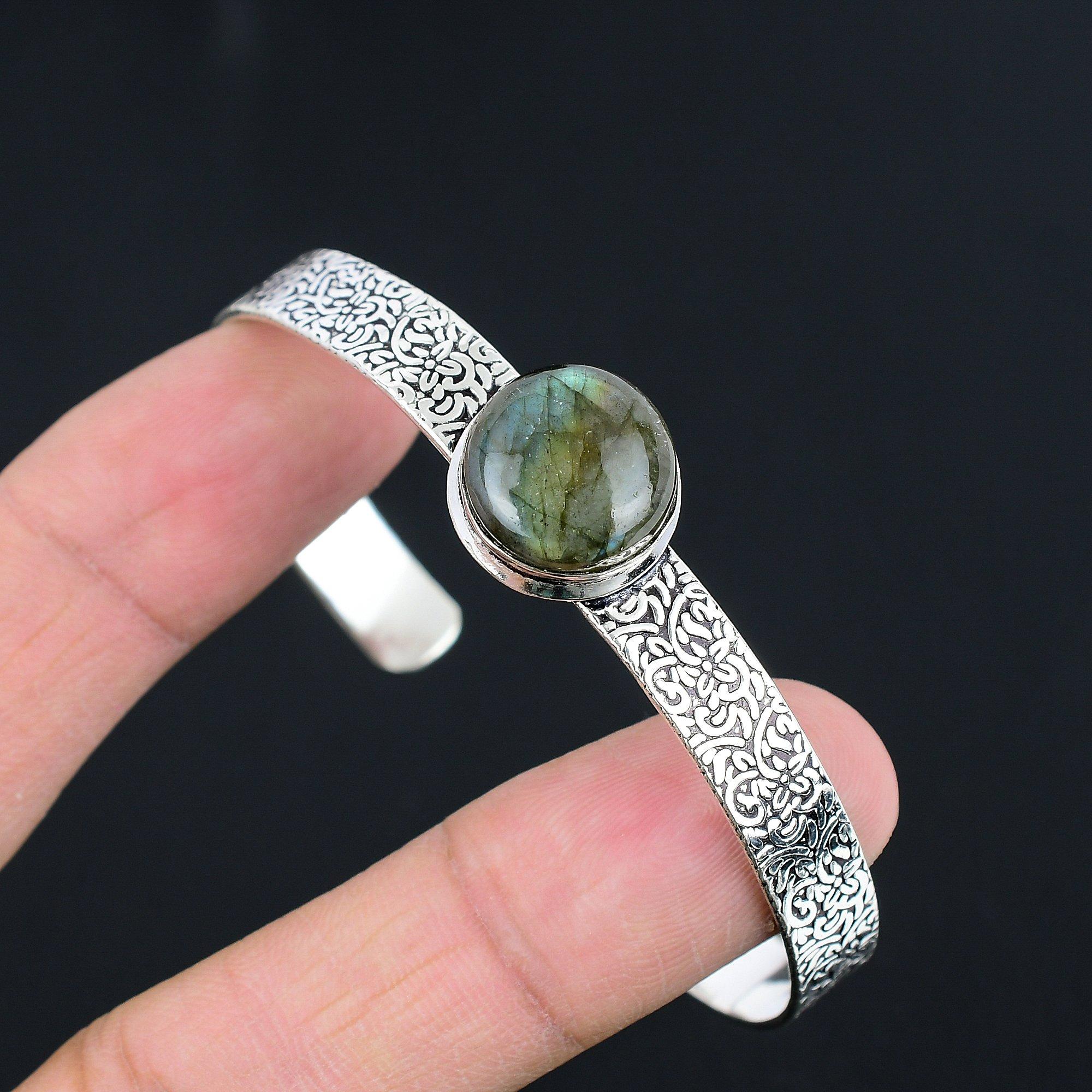

Womens day Deal Sterling Silver Labradorite Stone Trendy Mother Bangle Bracelet Adjustable