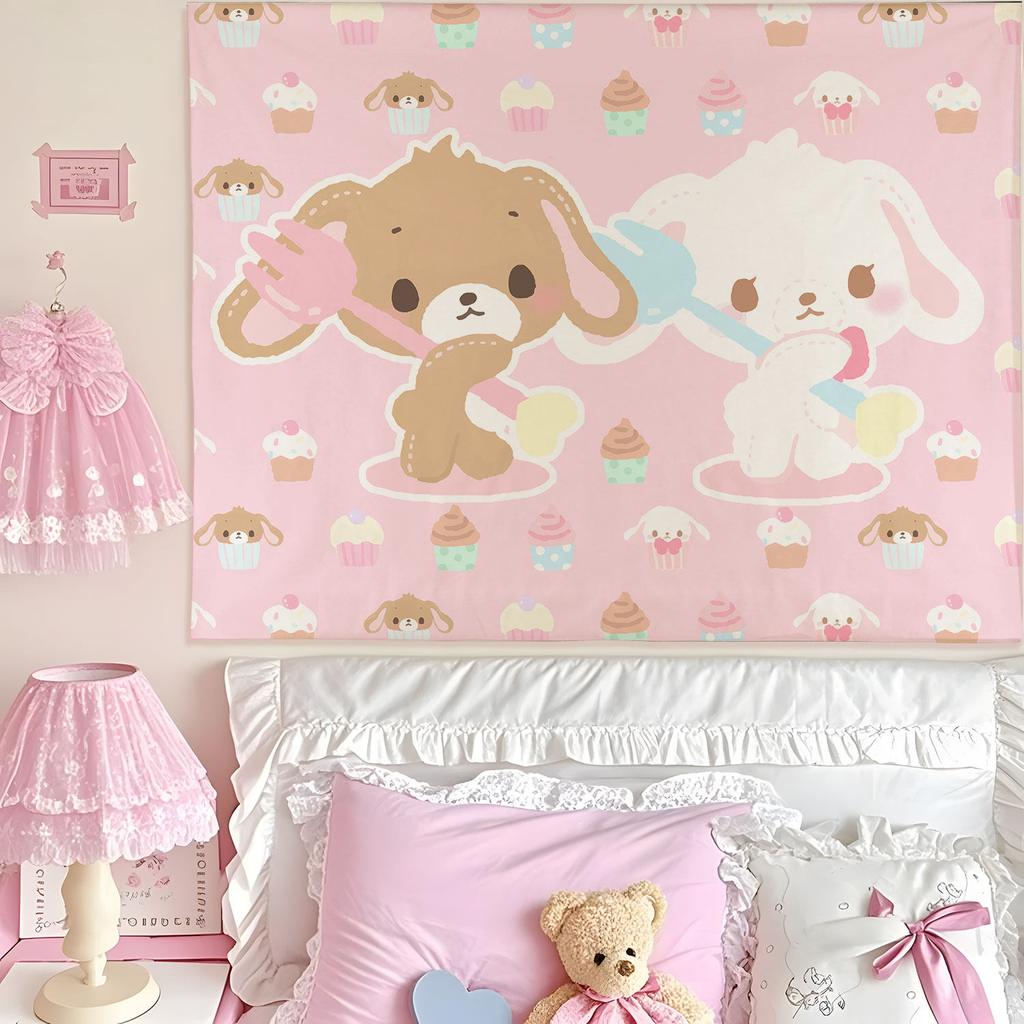 Adorable Sanrio Family Pink Heart Tapestry Kawaii Anime Wall Hanging Decoration Girls Heart Printed Tapestry Super Cute Decorat