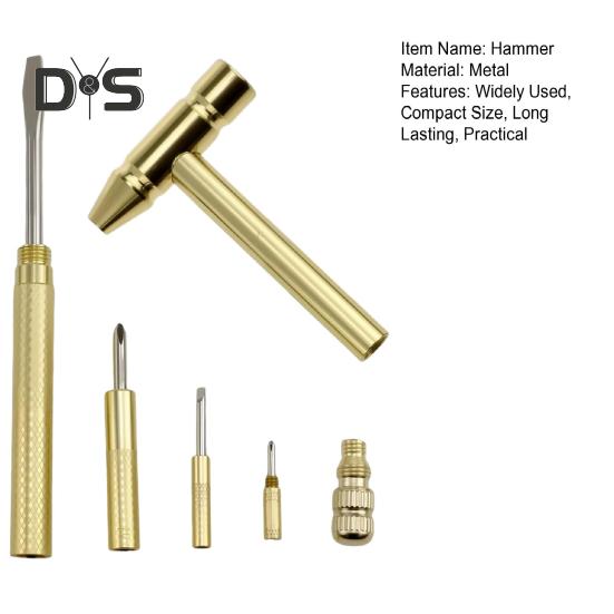 6-in1 Small Hammer with 3 Screwdriver Heads Compact Design Portable Brass Hammer Screwdriver Multifunctional Tool