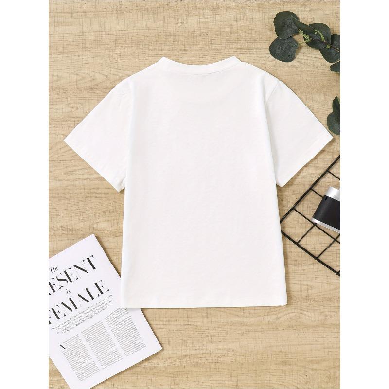 European sizes Kids' Cartoon Print Cotton T-Shirt - Crew Neck, Short Sleeve, Stretchy & Breathable for Sports and Play