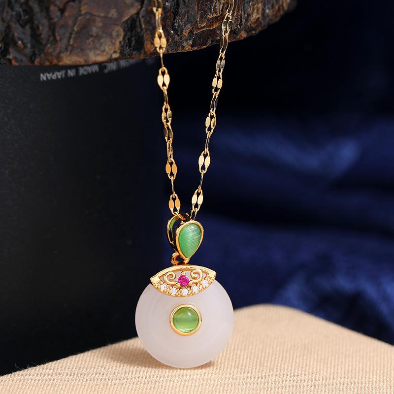 Chinese style imitation Hetian jade safety buckle necklace women's retro temperament titanium steel clavicle chain gold inlaid jade pendant with