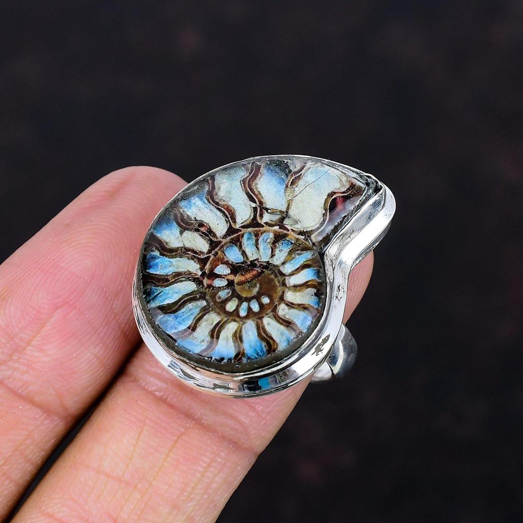 Sky Shade Ammonite Fossil Ring Handmade Ring Genuine Gemstone Jewelry 925 Sterling Silver Ring Adjustable Ring Wedding Gifts Statement Ring